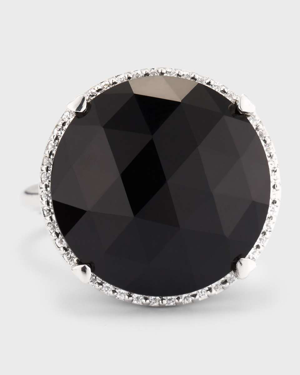 Rocks 18K White Gold Black Onyx and Diamond Halo Cocktail Ring, Size 6